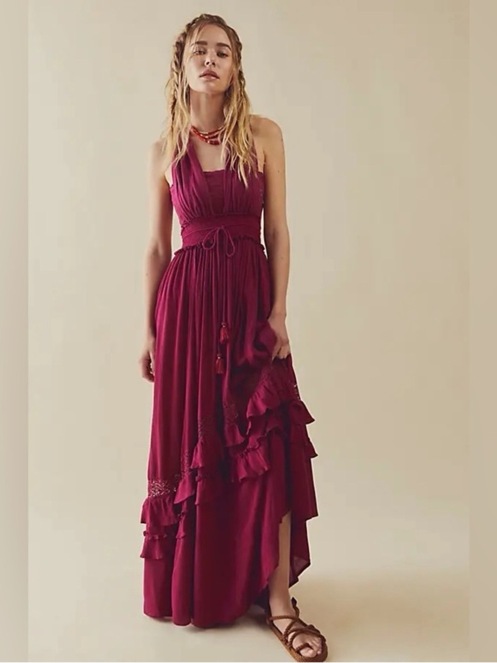 Free People Burgundy Ruffled Maxi Dress